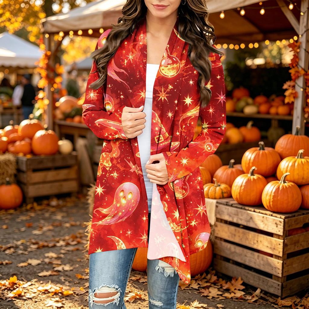 Women's Long Sleeve Cardigan with Halloween Print for Casual Everyday Wear