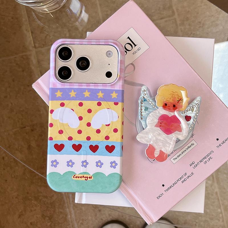 Korean Love Heart Cute Angel Stand Magnetic Phone Case For iPhone 17 Pro 16 15 Pro Max Cover with Holder For Magsafe Kawaii Capa