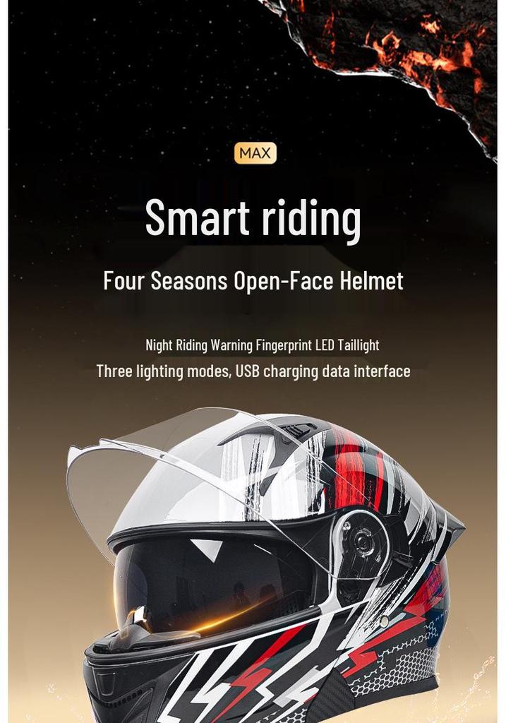 AD Unisex Full Face Motorcycle Helmet with LED Taillight, All-Season, Flip-Up, 3C/DOT Certified.