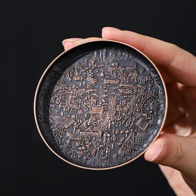 Retro Copper Teacup Mat Heat Insulation Mat Double Side Exquisite Relief On The River Map Round Chinese Home Tea Accessories New