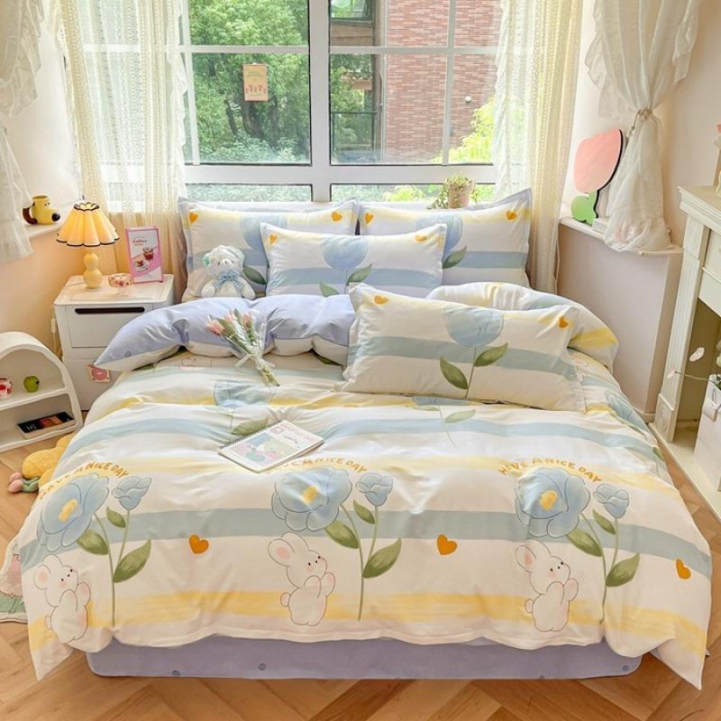 Nordic Style 100% Cotton Bedding Set Duvet Cover with 2pc Pillowcase for Student Dormitory Flower Print Lady's Double King Bed