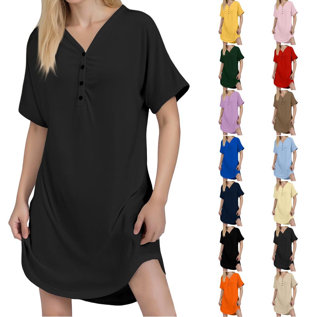 Women's Casual Solid Color Button-Down Neck Short Raglan Sleeve Short Dress