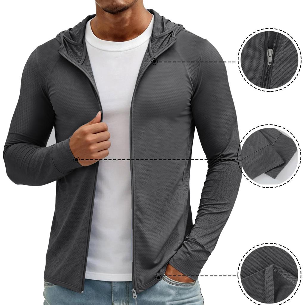 Giacca con cappuccio da uomo leggera con zip, sottile, protezione solare, traspirante, manica lunga, abbigliamento sportivo da esterno per ciclismo, pesca, escursionismo, arrampicata