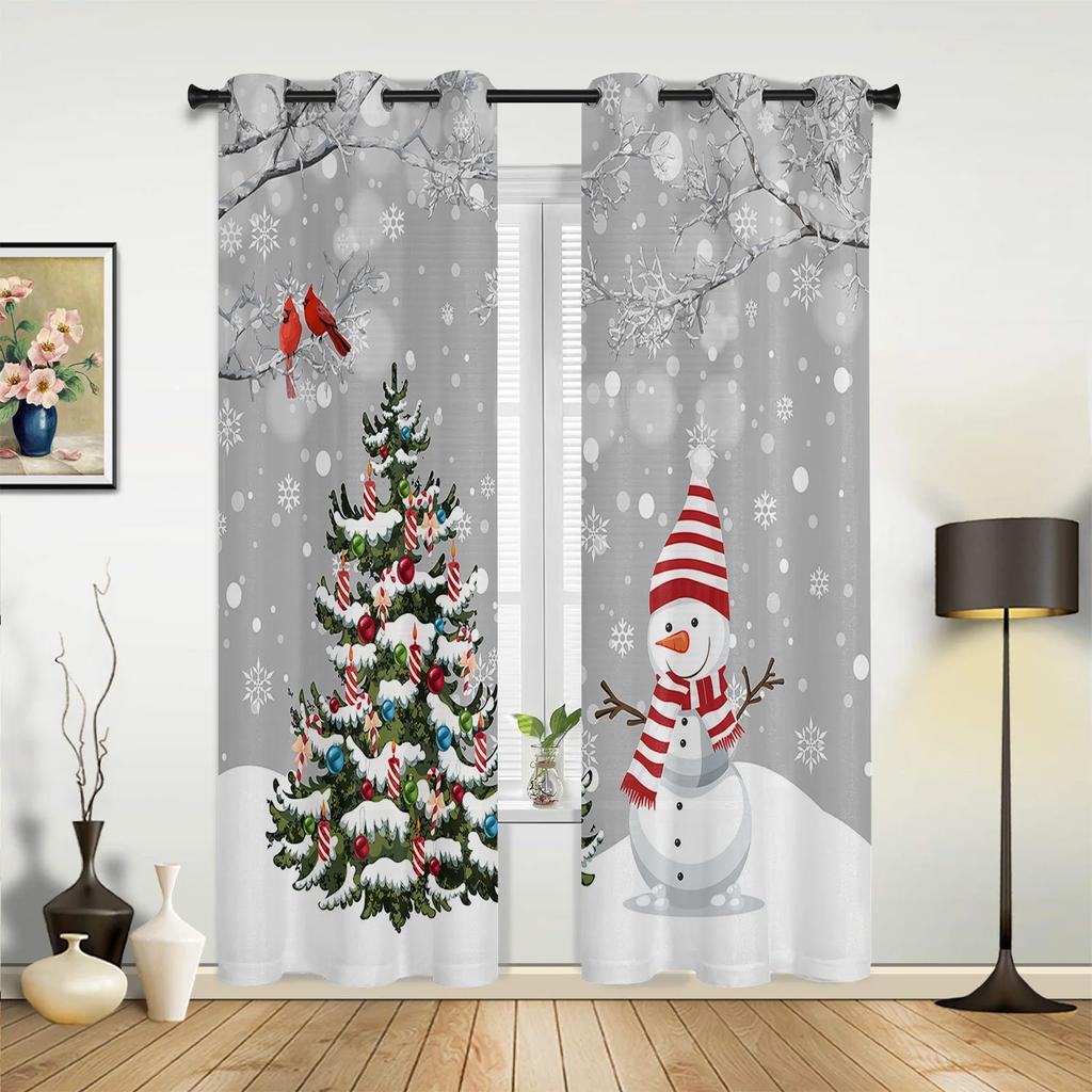 Christmas Tree Snowman Snowflake Pink Window Curtains Decor For Home Bedroom Kitchen Living Room Ornament Xmas Gifts Navidad