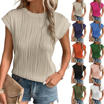 Crew Neck Krátký rukáv pro ženy Letní plisovaný potisk Pevný krátký rukáv Ležérní Módní Tričko Prodyšné Lehké Pohodlné Práce Dovolená Top