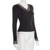 Damen V-Ausschnitt Spitze Patchwork Oberteil Europäischer Amerikanischer Stil Herbst Neu Taille Freigelegt Nabel Modische Lässige Kleidung