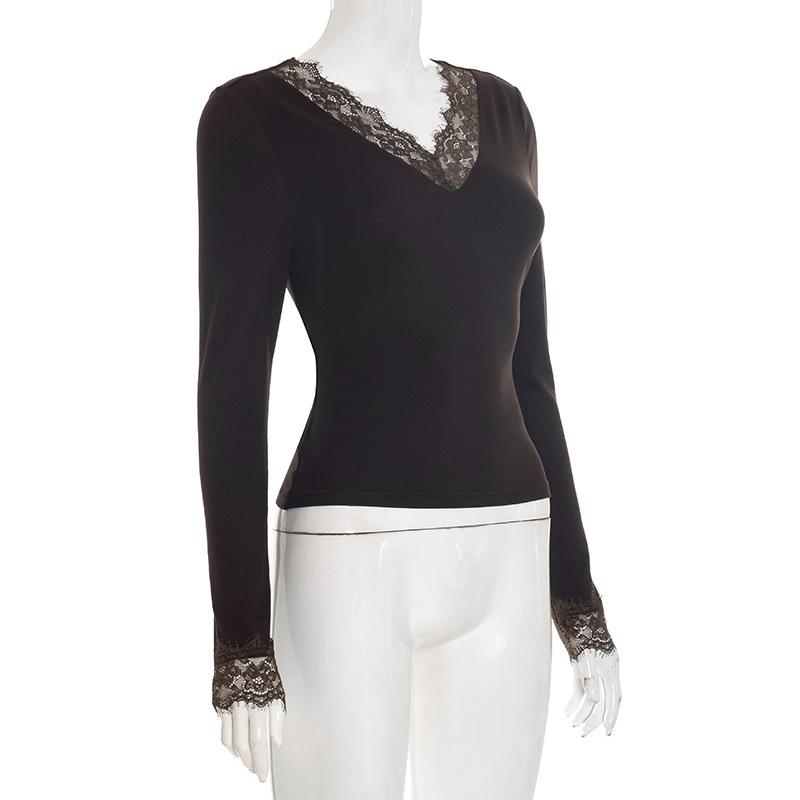 Damen V-Ausschnitt Spitze Patchwork Oberteil Europäischer Amerikanischer Stil Herbst Neu Taille Freigelegt Nabel Modische Lässige Kleidung