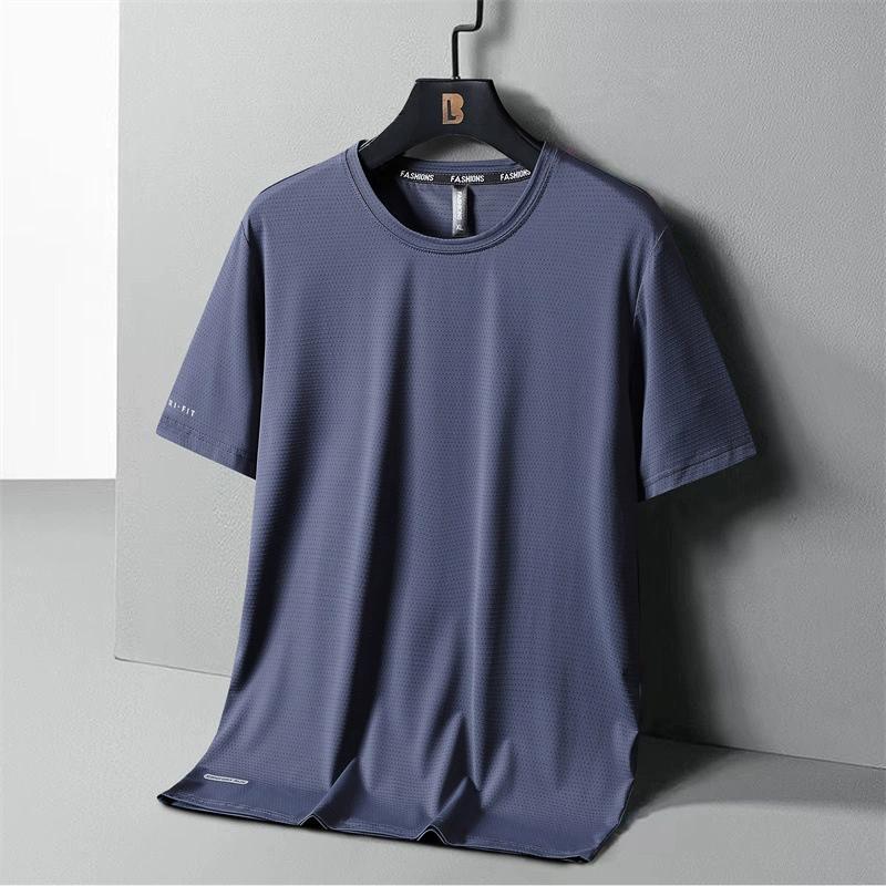 Pánské jarní a letní nadměrné jednobarevné volné topy s kulatým výstřihem a polovičním rukávem, rychleschnoucí sportovní tričko z ledového hedvábí