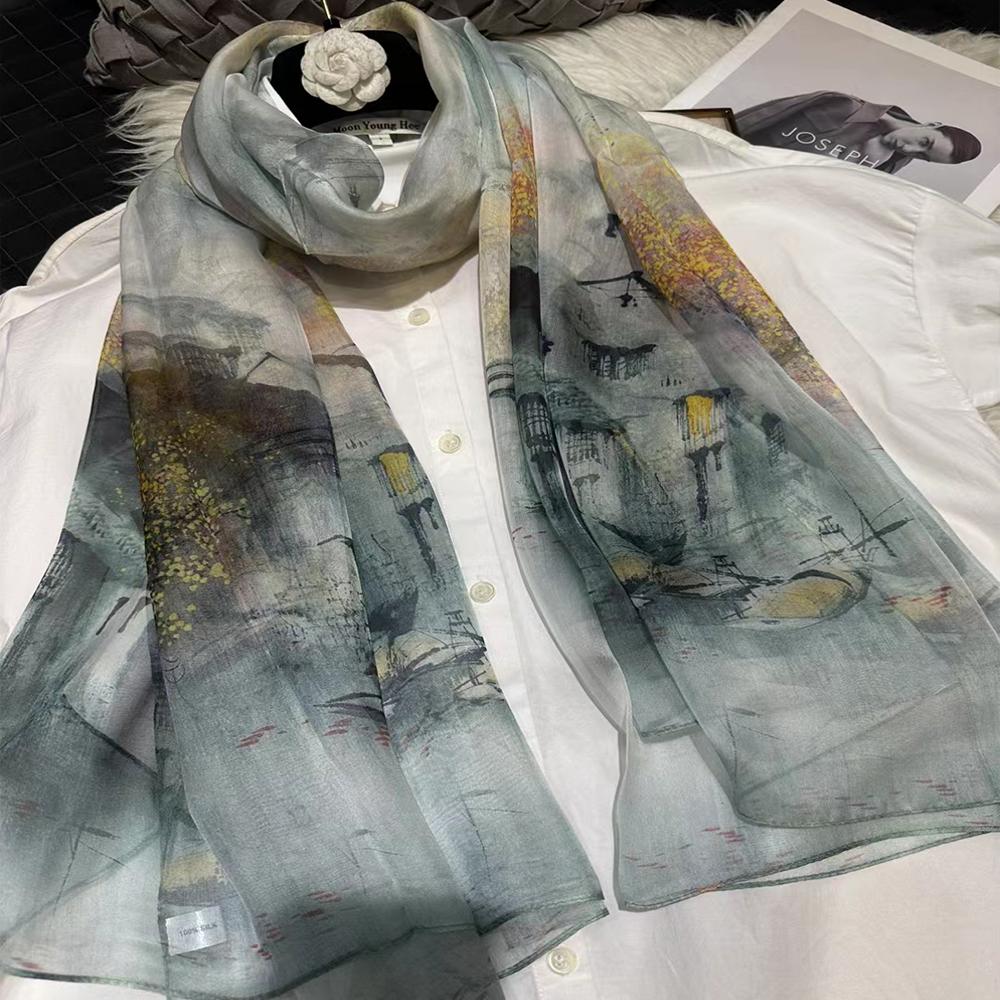 Blue Green 100% Silk Shawl Scarf Women Fashion New Floral Design Long Scarves Wraps Summer Chiffon Beach Scarf Wrap 180*110Cm