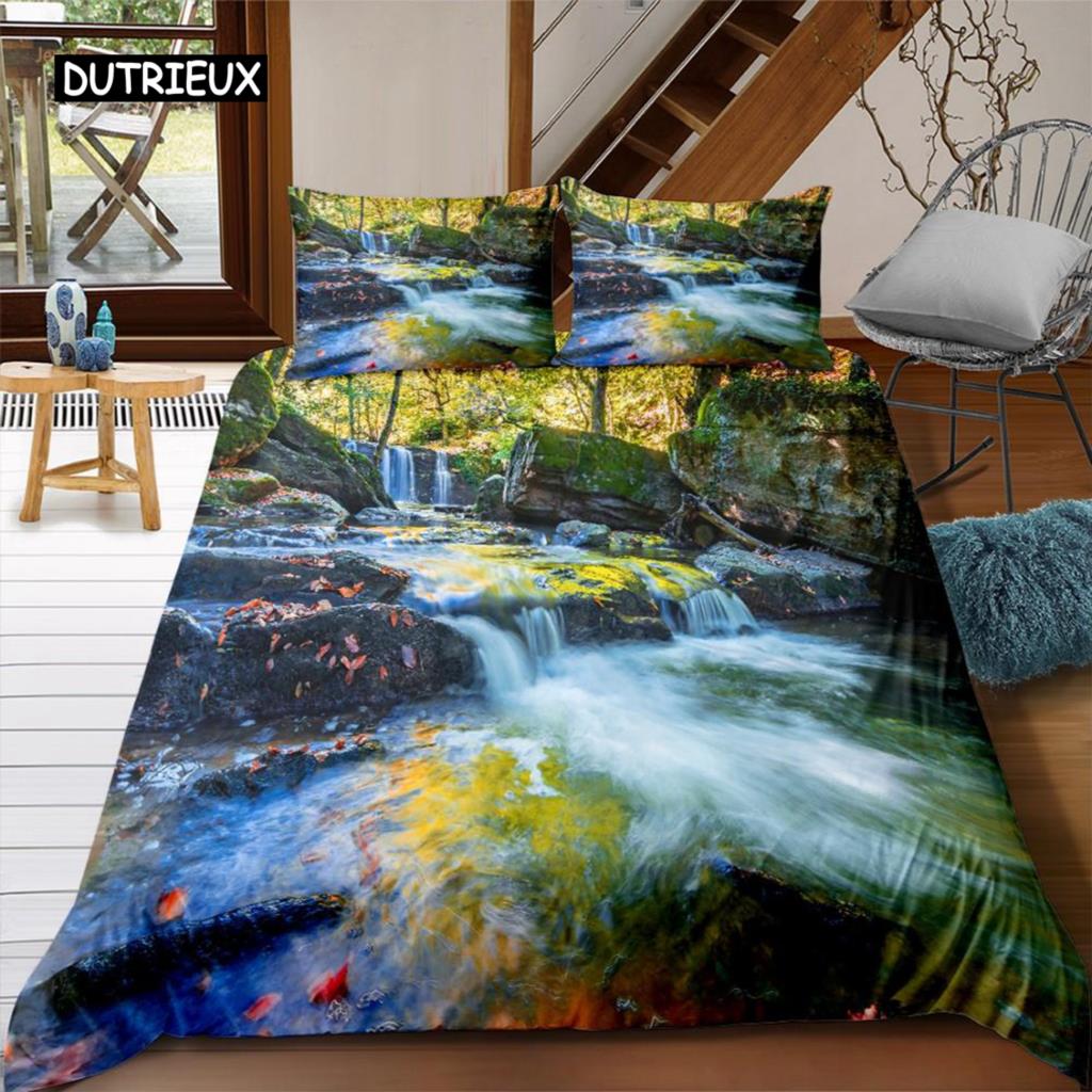 Sada povlaku na přikrývku s krajinou Falešné okno 3D tisk Scenérie Ložní sada Mikrovlákno Krajina Vodopád Zahrada King Size Povlak na přikrývku