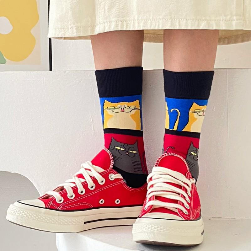 Modische Damen-Kniestrümpfe mit Cartoon-Katzen - Frühling/Herbst Europäischer Stil Niedliche Streetwear