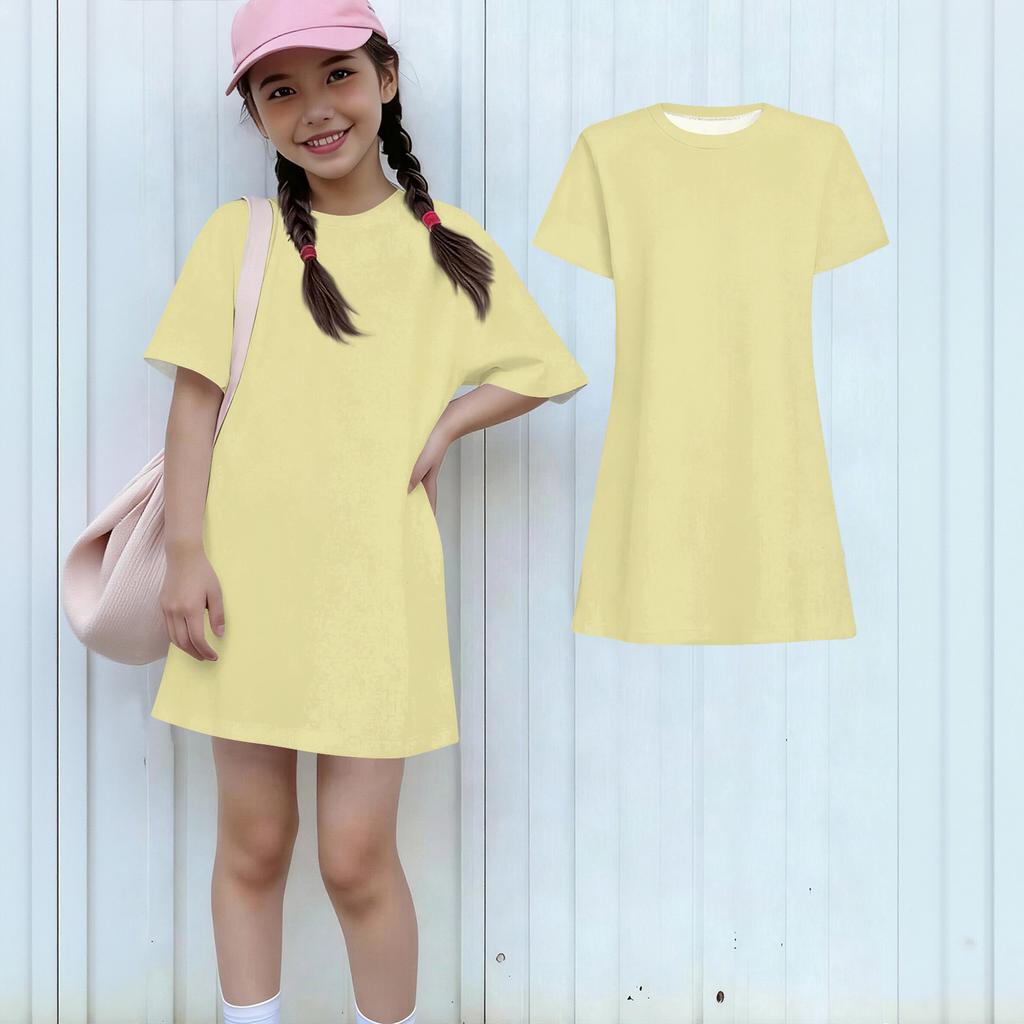 Girls Casual Sundress Kids Loose Round Neck Short Sleeve Lightweight Dress