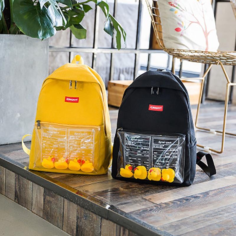 Durable Canvas Womens Backpack With Fun Duck Toy And Transparent School Bag Design
