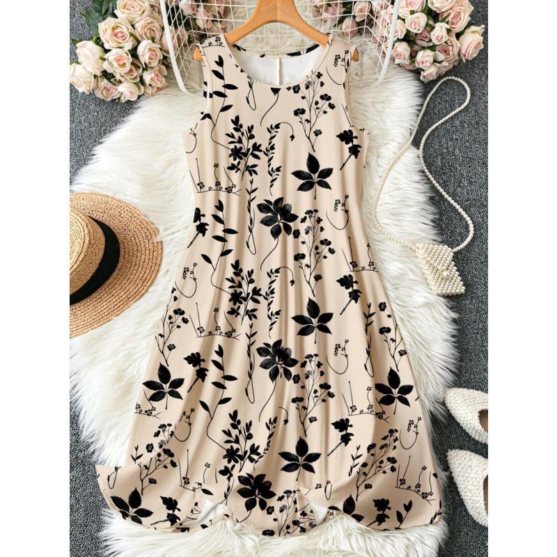 Summer New Style Sleeveless Printed Dress with A Fashionable Loose Round-necked Backless Design