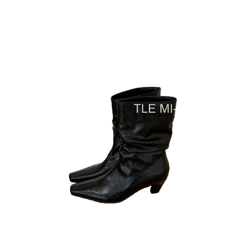 French pointed toe wedge short boots women's 2025 autumn and winter retro pleated piled boots slim short boots