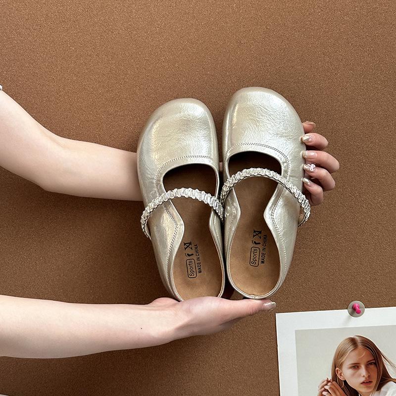 Retro rhinestone word with bag head half slippers women's summer fashion versatile leather shoe buckle with skirt cool slippers