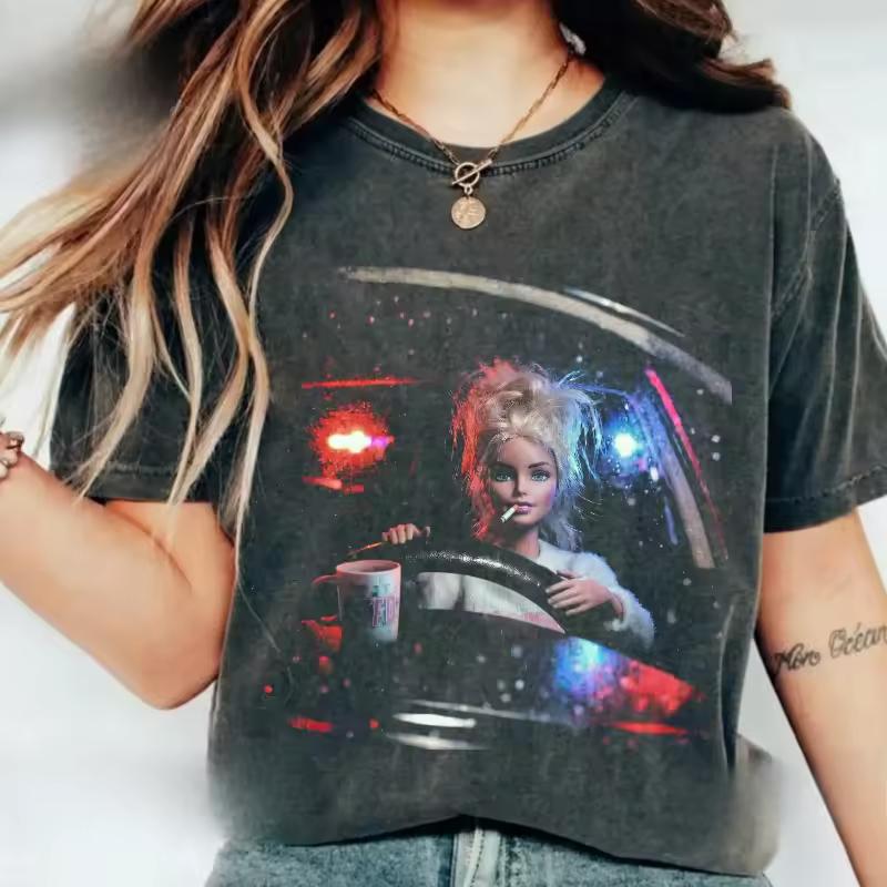 Vintage Acid Washed Dark Grey Night Car Doll Graphic T shirt Neon Retro Oversized Short Sleeve Unisex Tops