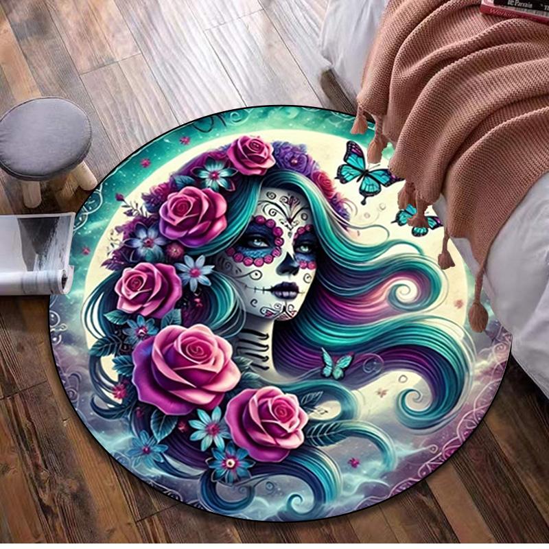

Day of the Dead Circular Rug - Office Decorative Carpet For Living Room Bedroom Door Mat Floor Rug Computer Chair Area Rug 80x80cm( 31x31in)
