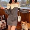 Autumn/Winter Slimming Waist Bodycon Off-Shoulder Knit Dress with Bowknot – French Spicy Style for Women
