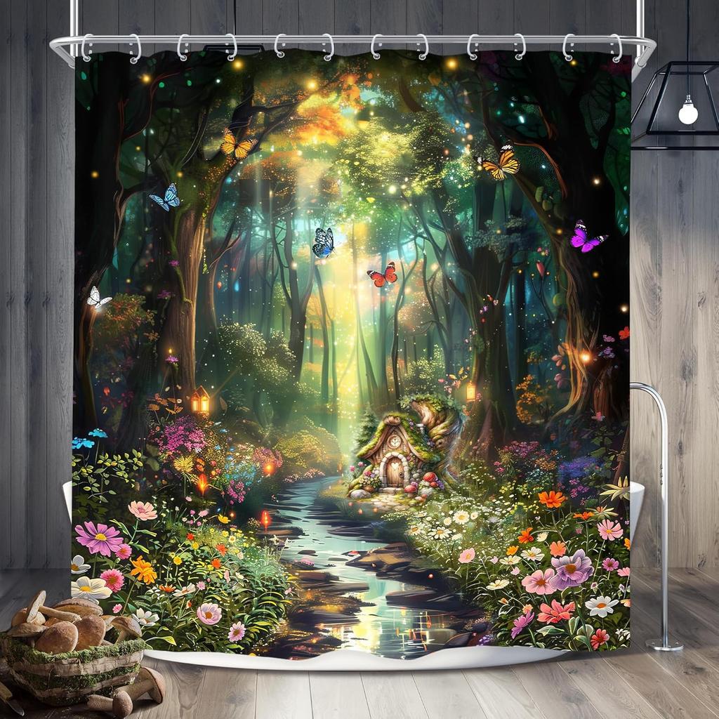 Floral Butterfly Shower Curtain Spring Pink Blue Vintage Flowers Purple Lavender Weeping Wisteria Blossom Envelope Bathroom