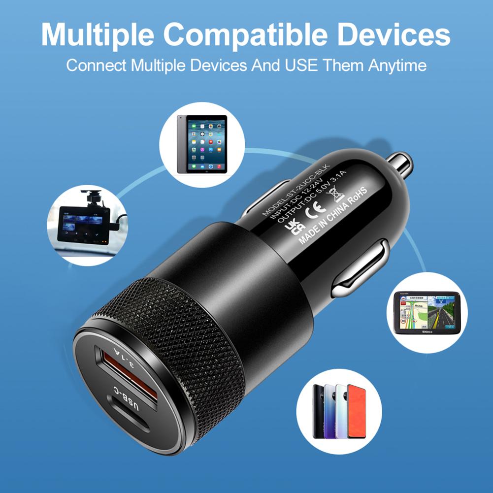 1-5Pcs 2 in 1 Mini USB Car Charger Type C 12V 3.1A 15W PD Cigar Jack Fast Charging Adapter for Mobile Phone Car Power Bank