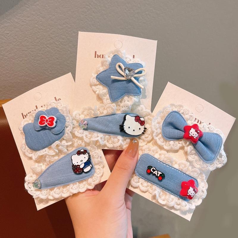 2Pcs Cartoon Sanrio Hello Kitty Hair Clip Cute Sweet Girls Headdress Set Denim Blue Bow Forehead Hairpin Kawaii Children Gifts