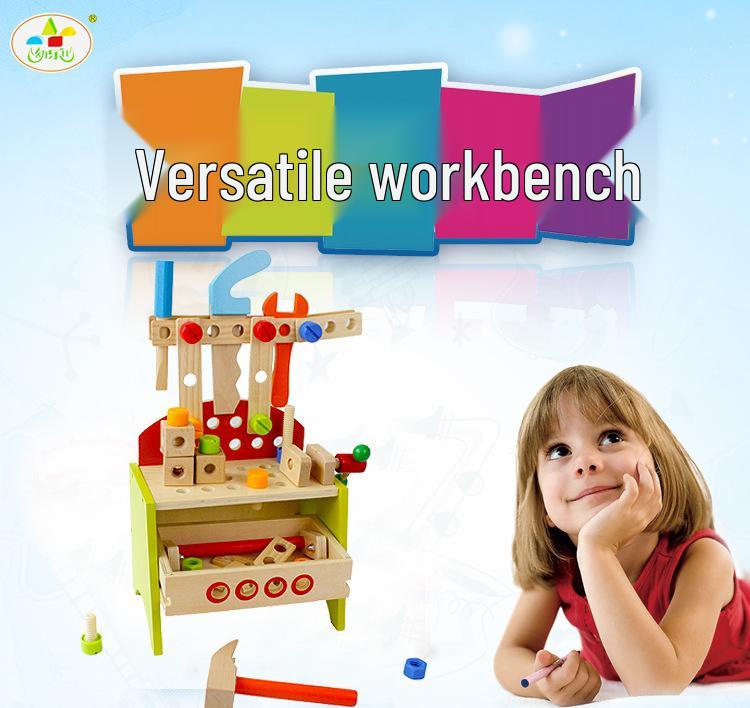 Children's Wooden Tool Box: Educational Workbench Toy for Boys with Simulation Repair, Screw, Nut Disassembly & Assembly Activity.