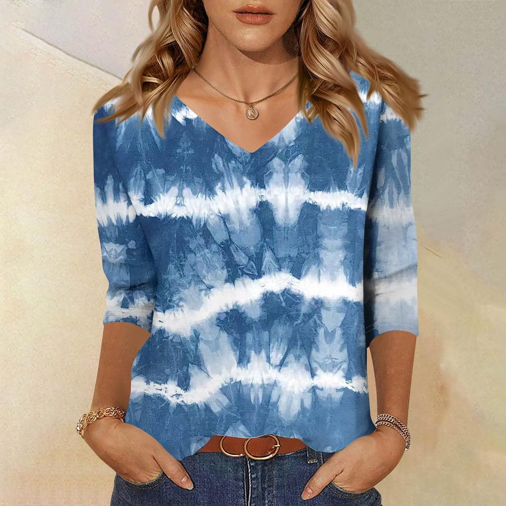 Women's Fashion Casual Three-quarter Sleeve Gradient Printed Round Neck Top