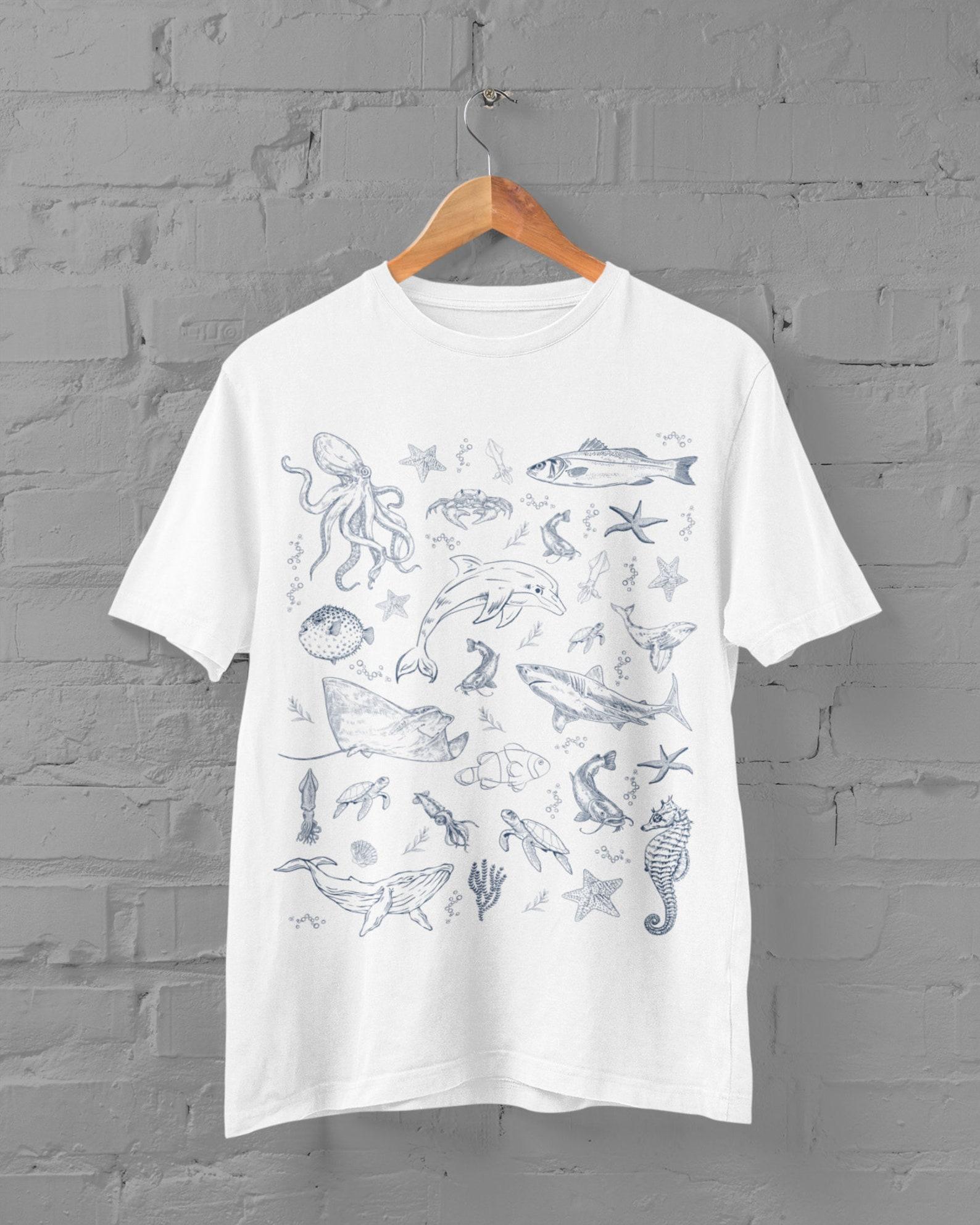 Vintage Style 90s Shirt, Sea Animal Tshirt, Retro Ocean Nature Tattoo Shirt, Sealife Gifts, Crustaceancore Ocean Dolphin Shirt, Unisex Tee 2XL
