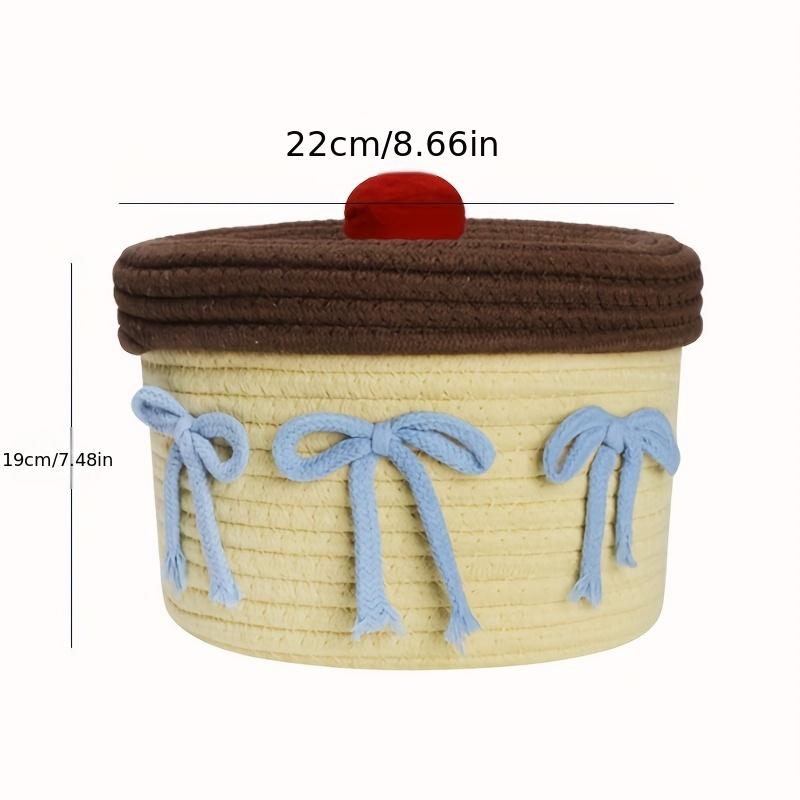Handmade Woven Round Yellow Cute Yarn Storage Basket with Lid, Dustproof Desktop Organizer, Decorative Storage Box.