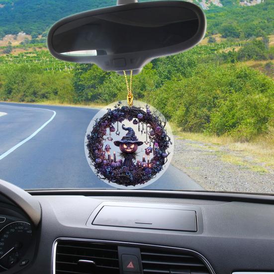 Halloween Pumpkin Witch Pendant Car Rearview Mirror Hanging Ornament 2D Flat Acrylic Bag Charm Festive Gift for Car Enthusiasts