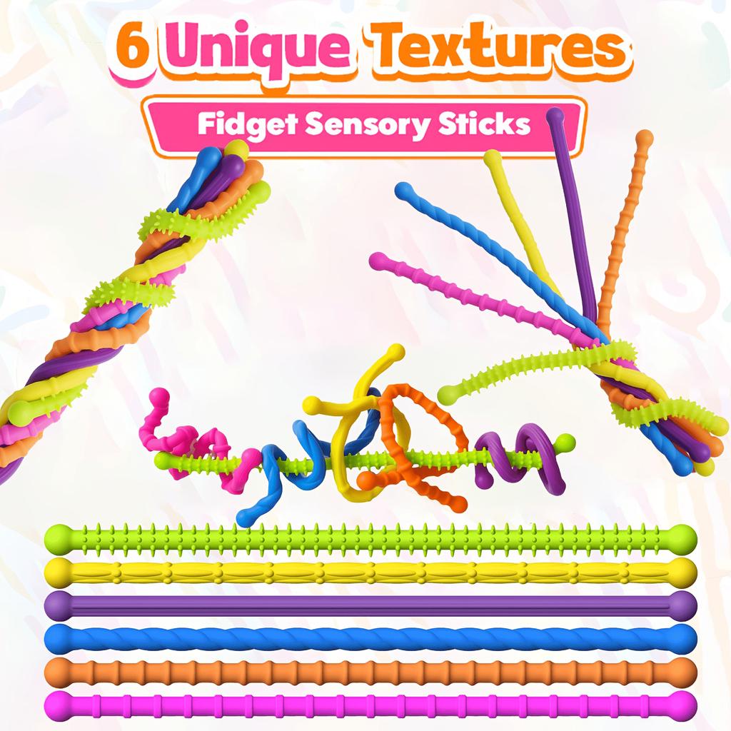 Textured Silicone Sensory Strings – 6-Pack Fidget Set, Bright Stretchy Noodles for Tactile & Sensory Play, Calming Focus