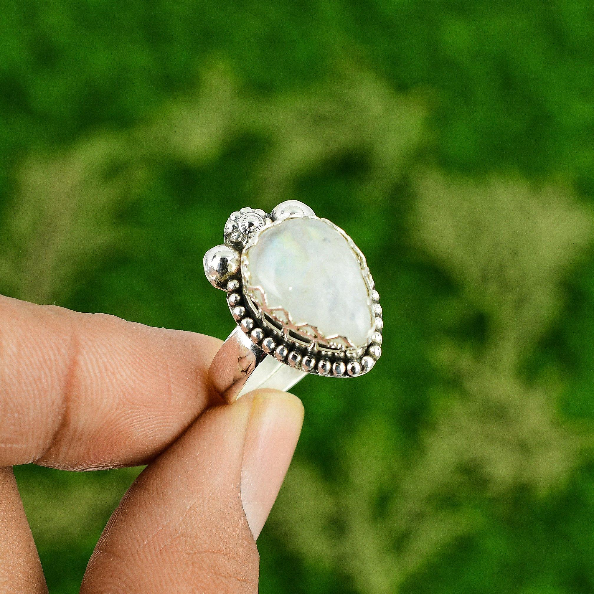 

Natural Rainbow Moonstone Gemstone Stackable Adjustable Ring 925 Sterling Silver Adjustable