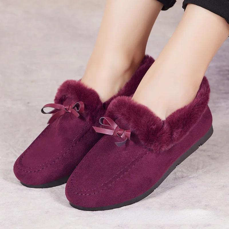 Women Winter Casual Shoes New Moccasins Soft Flat Non-slip Loafers Fashion Comfort Warm Plush Bow Slip On Female Cotton Shoes
