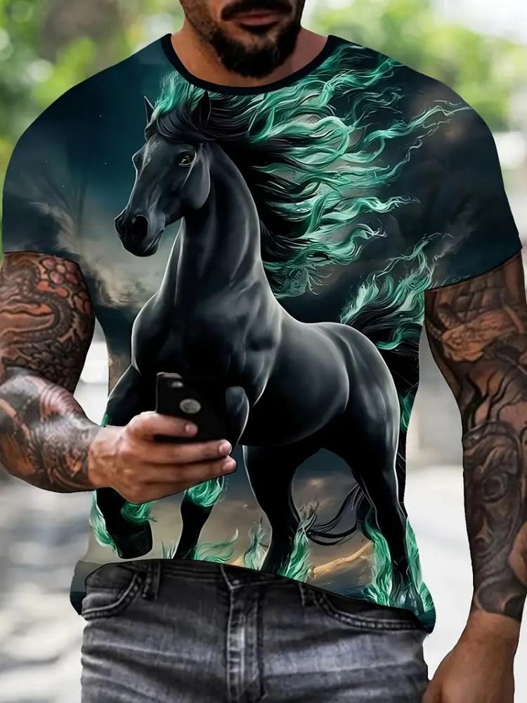 T-shirt Vintage da Uomo Moda Stampa Cavallo Casual Girocollo Grafica T-shirt Top Street Harajuku Manica Corta Tee Abbigliamento Uomo