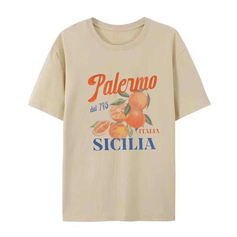 

Palermo Italy Sicilia Print Shirt Vintage Cotton Womens Short Sleeve TShirt Vibrant Orange Citrus Fruit Graphic Top Female Tee 4XL