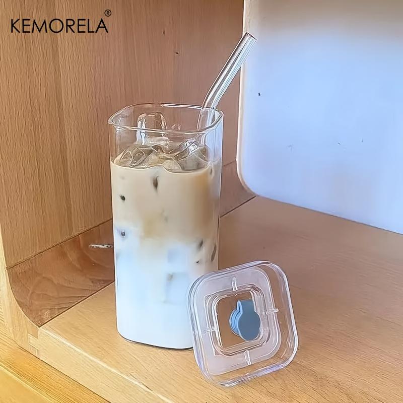 KEMORELA 4/6 pezzi Tazza portatile da 380 ml - Tazza quadrata unica in vetro resistente al calore con coperchio e cannuccia, versatile per bevande calde o fredde