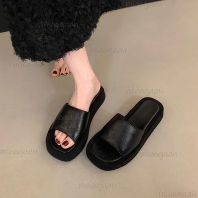 Moda Mujer Suela Gruesa Slip-On Calzado de Verano Negro Plata Sandalias Planas Casuales Pantuflas de Ocio Sandalias de Playa Suave Piel PU