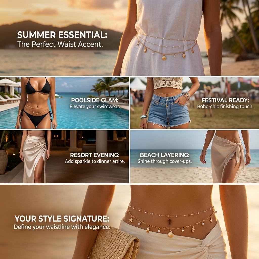 Double Layer Boho Starfish Conch Pendant Waist Belly Chain For Women Summer Beach Pearl Chain Bikini Belt Body Sexy Jewelry