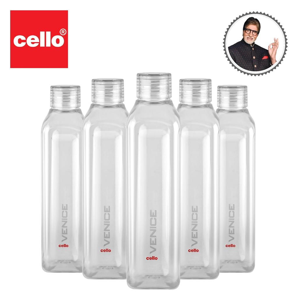 CELLO BPA-Free Plastic Water Bottles Set Of 5 Leak Proof 1 Litre Wide Mouth For Gym Office Travel Lightweight Durable & Space Saving