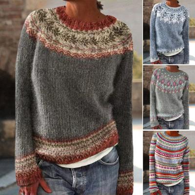 Suéter de mujer, cuello redondo, diseño de manga larga, patchwork, tejido de color, jersey holgado, informal