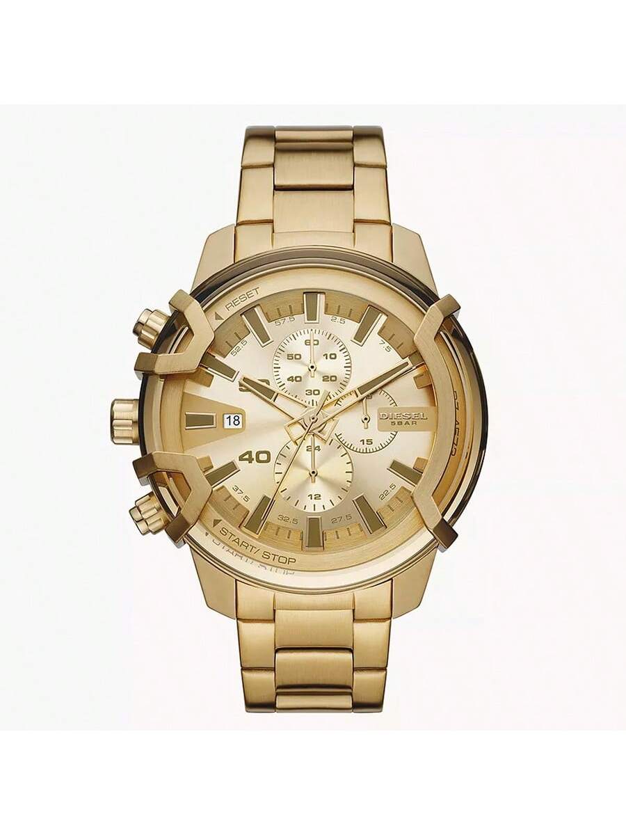 

Мужские часы-хронограф Diesel Griffed – 48 мм циферблат «солнечные лучи» с хронографическими субциферблатами, индикация даты, корпус и браслет из нержавеющей стали – DZ4573 золотой