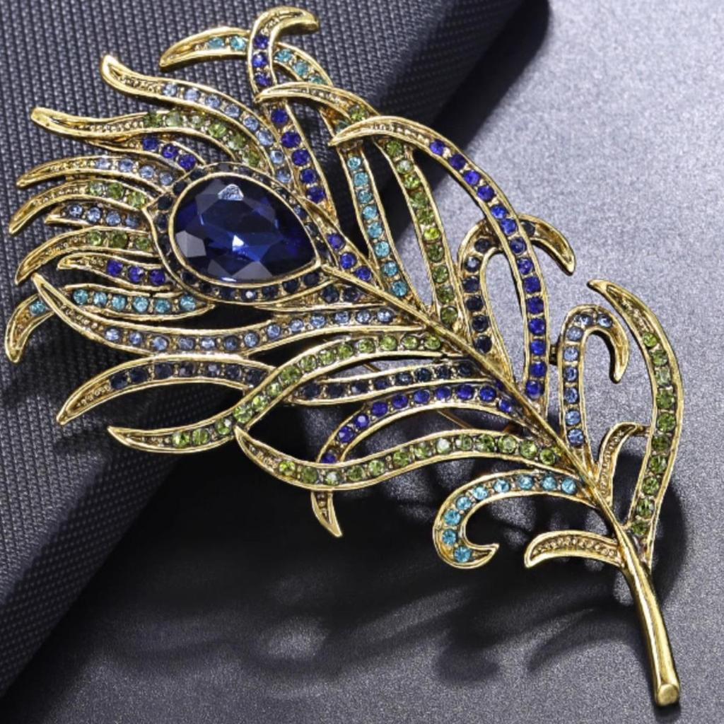 Blue Crystal Peacock Feather Brooch: Elegant Retro Women's Coat Accessory