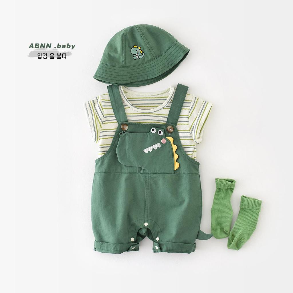 Abao Nannan Green Stripe Dinosaur Summer Set for Infant & Toddler – Korean Style Short Sleeve Two-Piece for Boys & Girls.