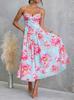 Summer new floral print waist swing dress suspender beach dress women