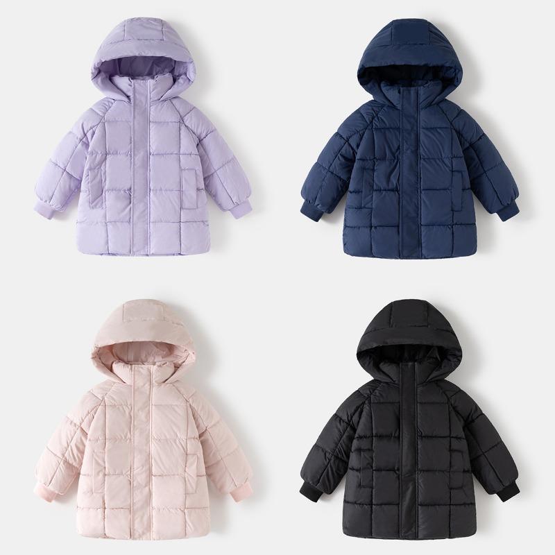 Kids Solid Korean Style Thick Padded Hooded Mid Length Winter Coat