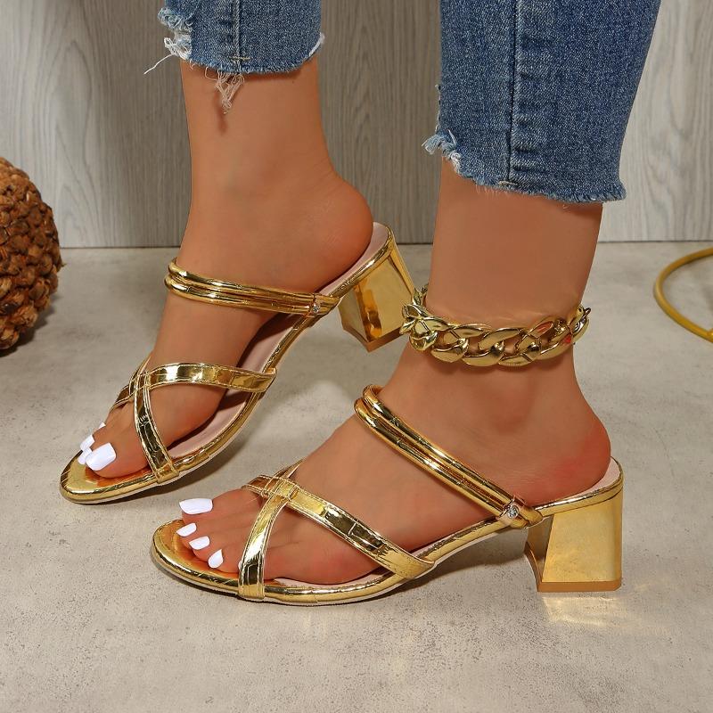 

2025 Новая Мода Золотые Сандалии с Узкими Ремешками Женские Повседневные Туфли на Толстом Высоком Каблуке Серебристые Сандалии с Ремешком на Щиколотке Женская Обувь для Женщин 36 золотой