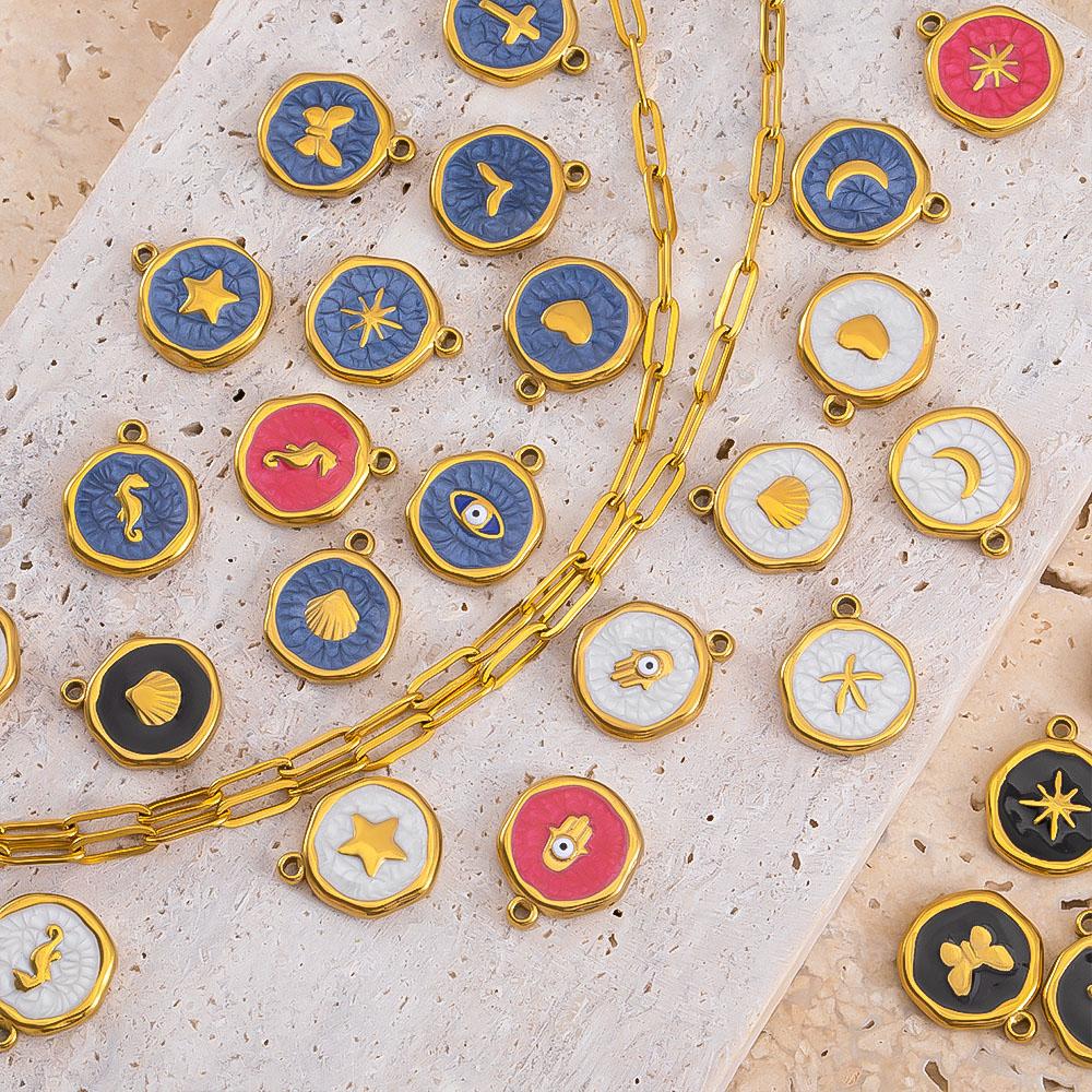 4-8pcs Stainless Steel Enamel Star Heart Eye Shell Sun Round Random Charm Base Anklet Pendant DIY Earring Necklace Jewelry Makin