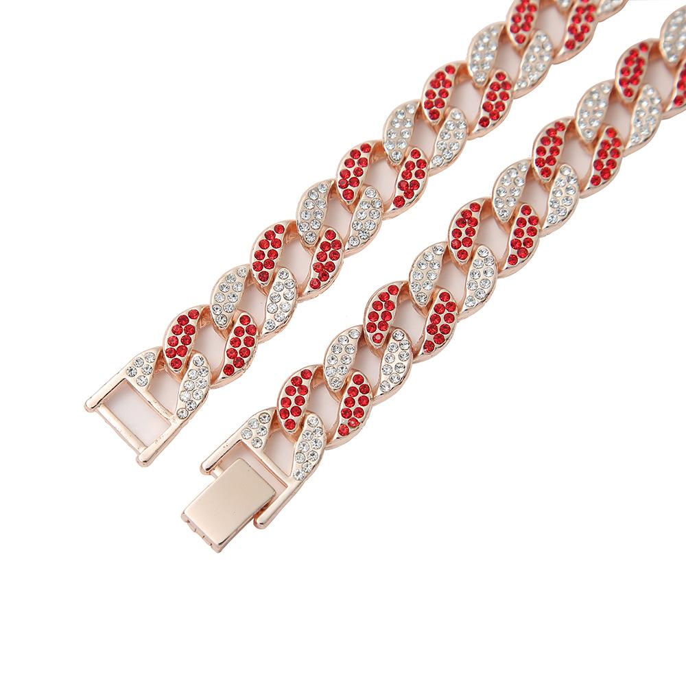15Mm Strip Hip Hop Full Diamond Cuban Necklace Men'S Hiphop Rap Alloy Pendant Red Diamond