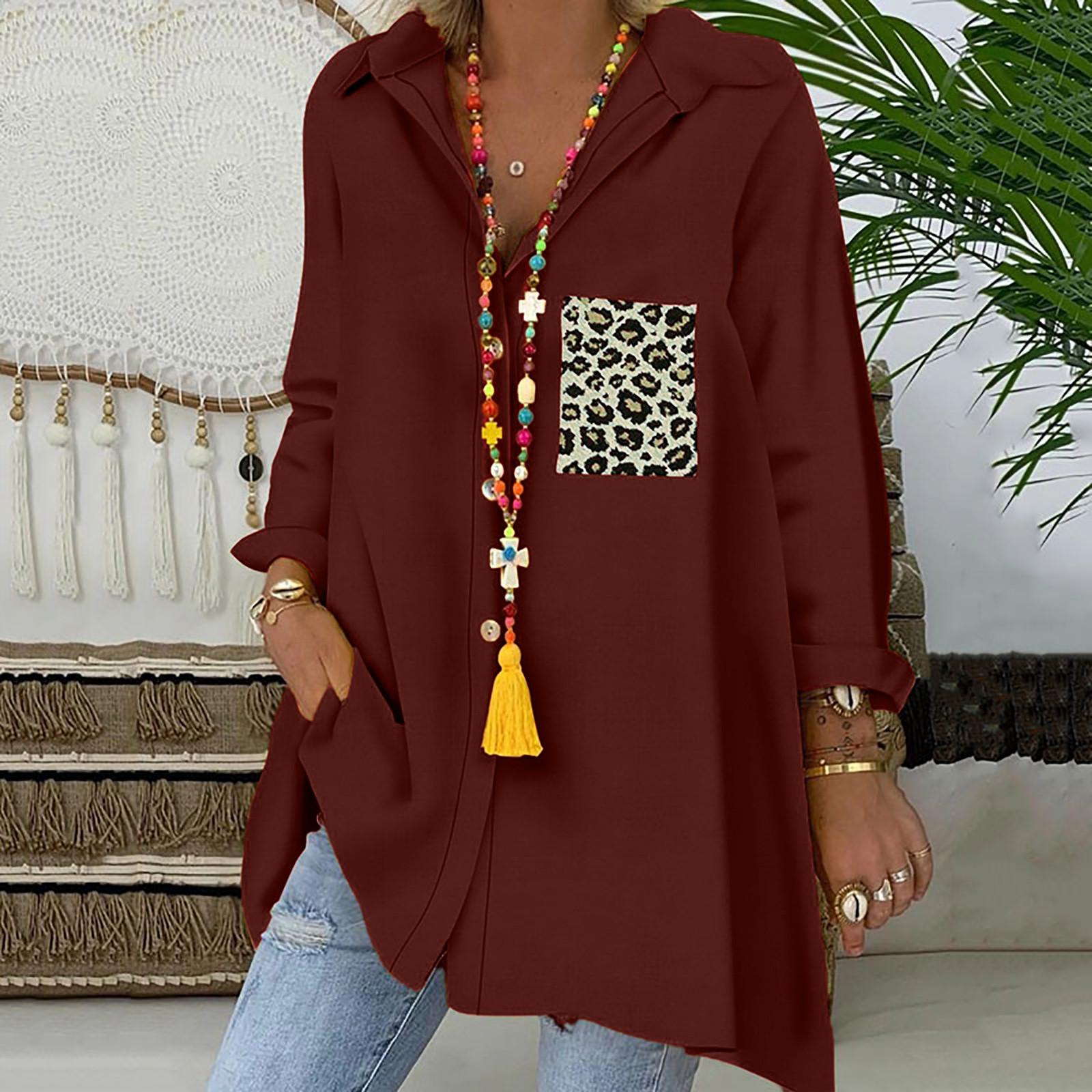 

Женская однобортная однобортная рубашка с длинными рукавами и карманами с леопардовым принтом XXL красный